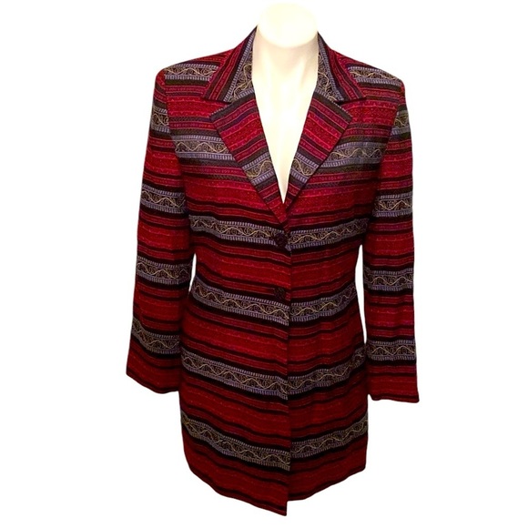 Clio 2 Suit Red And Gray Floral Striped Patterned Coat Jacket Fall Career - Picture 1 of 7